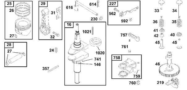 Piston Grp, Crankshaft, Cam Diagram and Parts List for 252707-0135-XX  Briggs and Stratton Engine
